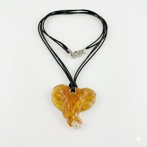 Art Glass Elephant Pendant Necklace - Amber Gold Aventurine